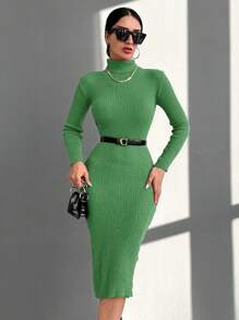 RueChic Turtleneck Ribbed Knit Sweater Dress Without Belt - Mint Green - View 7