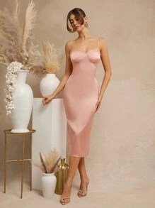 L'Amorae Women's Elegant Dusty Pink Satin Lace Trim Fitted Camisole Bustier Midi Dress,Summer Party Prom Wedding Valentine's Day Long Dress For Evening - Black - View 5