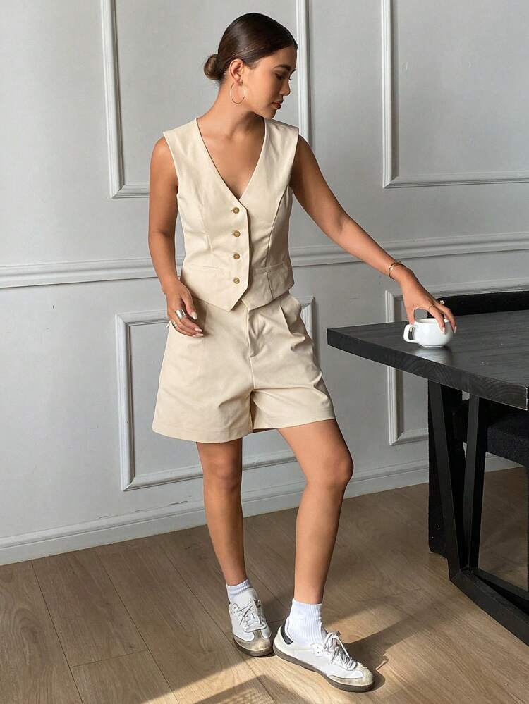 2pcs/Set Women's Solid Color Fitted Sleeveless Vest And Straight Leg Shorts Casual Suit, Summer,Short Women Sets