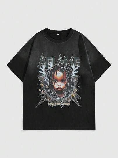 Street Life Men's Hip Hop Round Neck Short Sleeve Graphic Print Casual Top, Everyday Wear