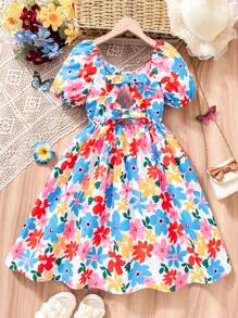 Girls Beach Vacation Dopamine Hand-Drawing Flowers Open Back 3D Bow Puff Sleeve Dress, Sister Matching Set - Multicolor - View 1