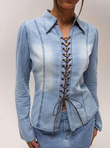 Forever 21 女士休闲系带长袖牛仔衬衫，日常穿着 - 藍色 - 查看 5