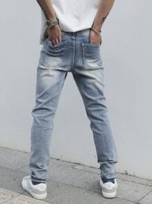 Manfinity LEGND Men's Button Front Pocket Ripped Casual Denim Jeans - Blue - View 2