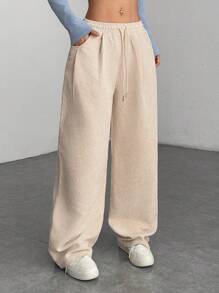 SHEIN PETITE Women's Autumn And Winter Street Fashion Casual Retro Corduroy Textured Pants - Apricot - View 4