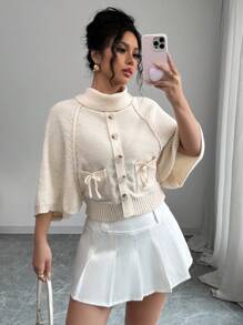 Chiquease 2024 Autumn/Winter New Fashion High Collar Poncho With Bow Pocket Knit Sweater Knit Pullover Fall Outfit
