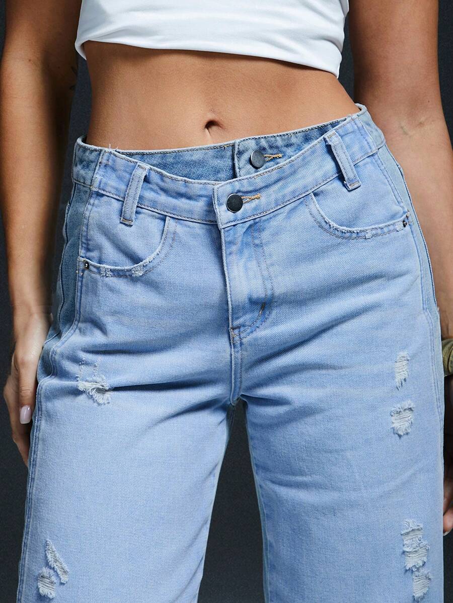 Denimoi Layered Waistband Contrast Wash Jeans - Light Wash - View 1