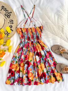 SHEIN Váy dài hở lưng chữ V sâu in họa tiết hoa rực rỡ màu cam-đỏ-trắng cho bé gái tuổi teen, thích hợp cho tiệc cưới, lễ tốt nghiệp, trở lại trường, tiệc trưa dễ thương, tiệc độc thân, váy mùa hè, kỳ nghỉ/ngày lễ, cổ điển//bãi biển/biển/thanh lịch/váy/dễ thương - Nhiều màu - Xem 2