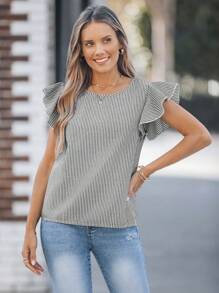 SHEIN LUNE Damska bluzka w czarno-białe paski z rozszerzanymi rękawami i swobodnym krojem - Czarne i Białe - Zobacz 5