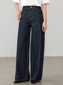 Dazy-Less سراويل جينز نسائية ذات لون أحادي وساق مستقيمة، بطراز القديم المال، أناقة كاجوال للعمل - أزرق داكن - مشاهدة 4