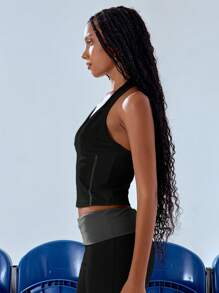 MUSERA Piping Halterneck Top Casual Airport Holiday Festival Back To School Fall Autumn ,Elegant - Black - View 5