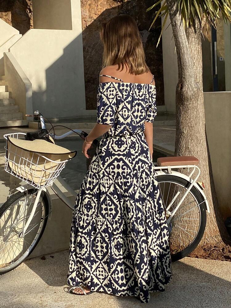 Bohemian Style Beach Vacation Floral Print Off Shoulder Two Pieces Set For Women Cruise Outfit For Women