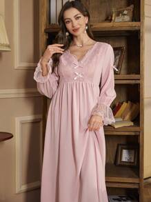 PalaceNights Women Embroidered Lace Ruffled Bow Decorative Trim Nightgown Babydoll Luxe Loungewear, Fall