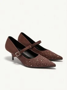 CUCCOO CHICEST Brown Pointed Toe Rhinestone Velvet Comfortable Versatile Strap Low Kitten Heel Flats