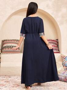 SHEIN Tween 女童休闲复古印花拼布 V 领 3/4 袖连衣裙 - 藍色 - 查看 2