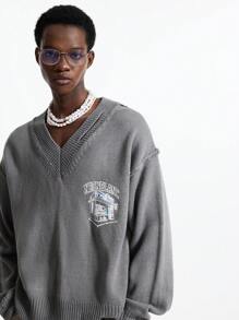 NEON BLANC Men's Streetwear V-Neck Loose Short Style Long Sleeve Sweater, For Fall Winter - Grey - View 5