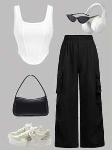SHEIN Girlism Tween Girls' 2pcs Set Square Neck Knit Tank Top And Casual Long Pants, Street Chic Style