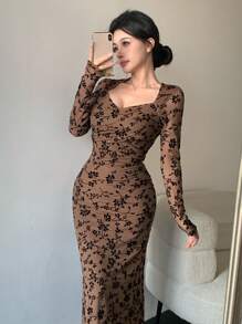 DAZY Váy dạ hội in họa tiết hoa nhỏ xinh xắn tay dài phối lưới mỏng dành cho nữ, trang phục mùa thu - màu nâu - Xem 8