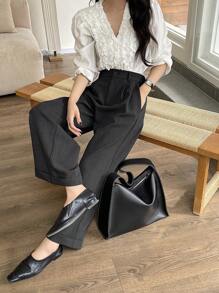 DAZY Women Plain Straight Leg Pleated Cropped Pants,Women Dress Pants - Black - View 7