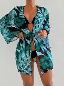 Swim Lushoire 1 件女式夏季热带植物印花深 V 领系腰串珠沙滩罩衫，度假和休闲