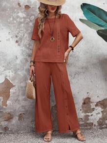 EMERY ROSE Women's Solid Color Short Sleeve & Pants Set, Casual Vacation Outfit - Rust Brown - View 6