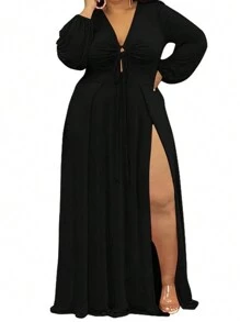 INAWLY Vestido de talla grande con abertura lateral en unicolor - Negro - Ver 7