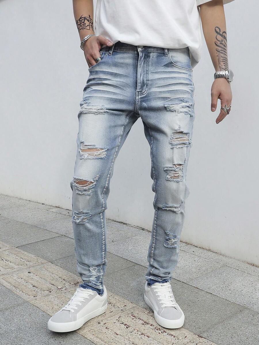 Manfinity LEGND Men's Button Front Pocket Ripped Casual Denim Jeans - Blue - View 1