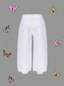 SHEIN Calça Jeans Casual Lavada Perna Larga Versátil para Bebês Meninas, Cor Café - Branco - Ver 2