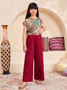 SHEIN Leap Crew Tween 女童休闲圆领印花短袖衬衫和直腿裤 2 件套 - 紅色 - 查看 5