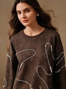 Anewsta 女士圆领装饰仿珍珠手洗套头卫衣秋季卫衣