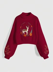 ROMWE Fairycore Women's Valentine's Day Spring Red Cottage-Core Deer Embroidered Sweater - Burgundy - View 1