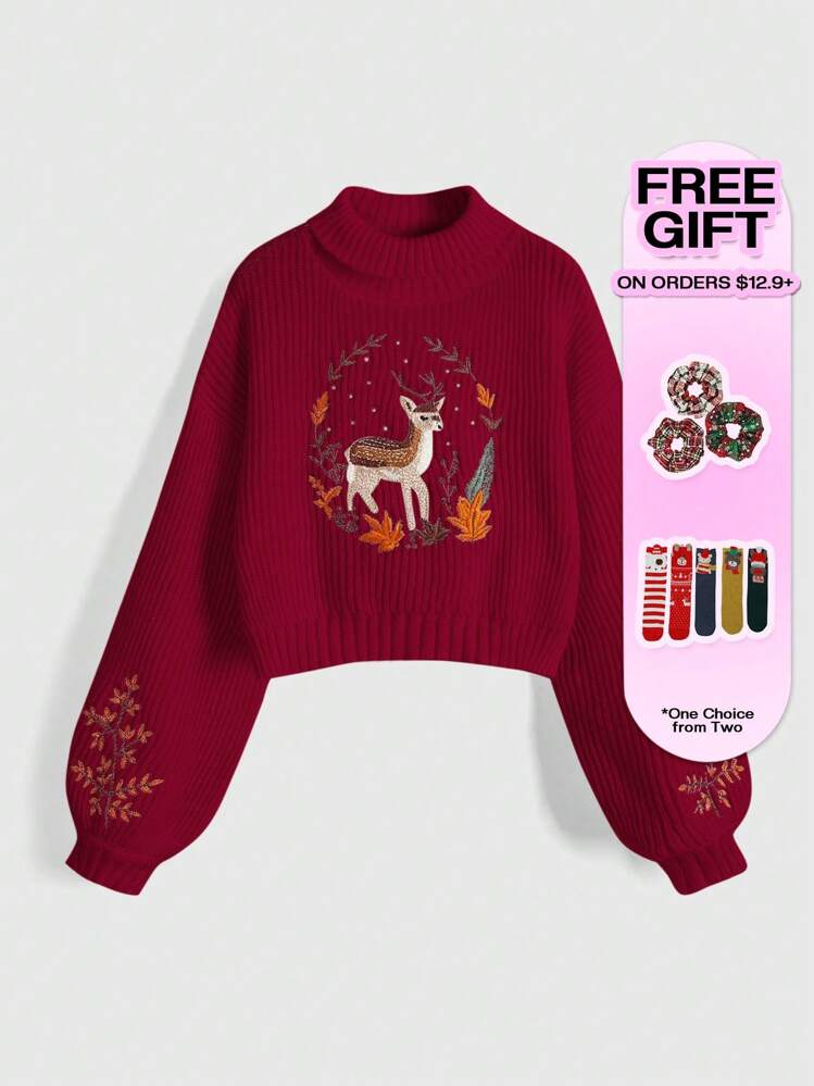 ROMWE Fairycore Suéter de mujer con bordado de ciervos en estilo "cottage-core" de primavera para el Día de San Valentín, color rojo - Burdeos - Añade 5