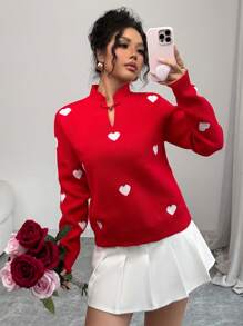 Chiquease Suéter de enamorados con corazón de contraste de color para el Día de San Valentín, nueva camisa de punto tipo jacquard con botones de nudo estilo retro chino para el Año Nuevo Chino