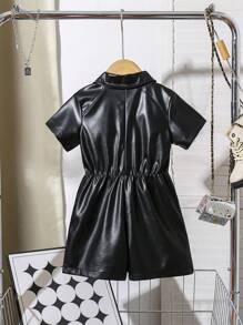 SHEIN Barboteuse en PU noir unicolore pour filles et enfants, nouvelle mode d'été avec cordon de serrage à la taille, manches courtes, col polo, style et vintage - Noir - Voir 2