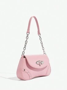 SHEIN ICON Ladies, Women Shoulder Bag, Hobo Bag, Fashionable, Personalized, Simple, Versatile, Street, Sweet And Cool Girls, Hot Girls, Y2k, Retro, Pink, Vintage, Metal Chain, Valentine's Day, Valentines - Pink - View 3