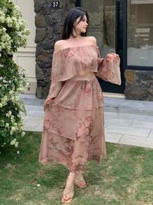 DAZY 2pcs Set Women Full Floral Off Shoulder Ruffle Shirt And Peplum Skirt,Fall Women Clothes