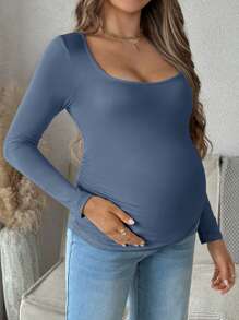 SHEIN Maternity Solid Color Long Sleeve Ruched Slim Fit T-Shirt, Casual For Daily Wear