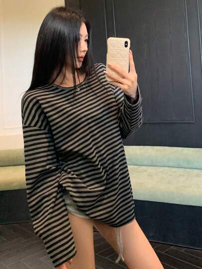 DAZY 루즈핏 스트라이프 컬러블록 패널 긴팔 롱 티셔츠 여성용 프레피 탑, 가을 여성복