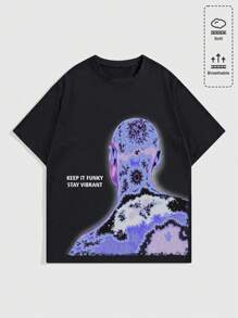 ROMWE MEN Street Life 男士圆领短袖图案印花休闲 T 恤，日常穿着 - 黑色 - 查看 1