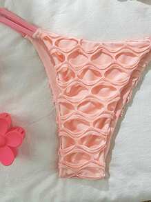 Swim Mod Solid Textured Halter Neck Triangle Top And Bottoms, Cute Women Summer Bikini Set - Pink - View 3