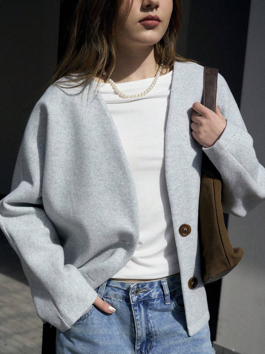 Jouncy Women's Front Button Long Sleeve Casual Jacket, Daily Wear - Grey - View 1