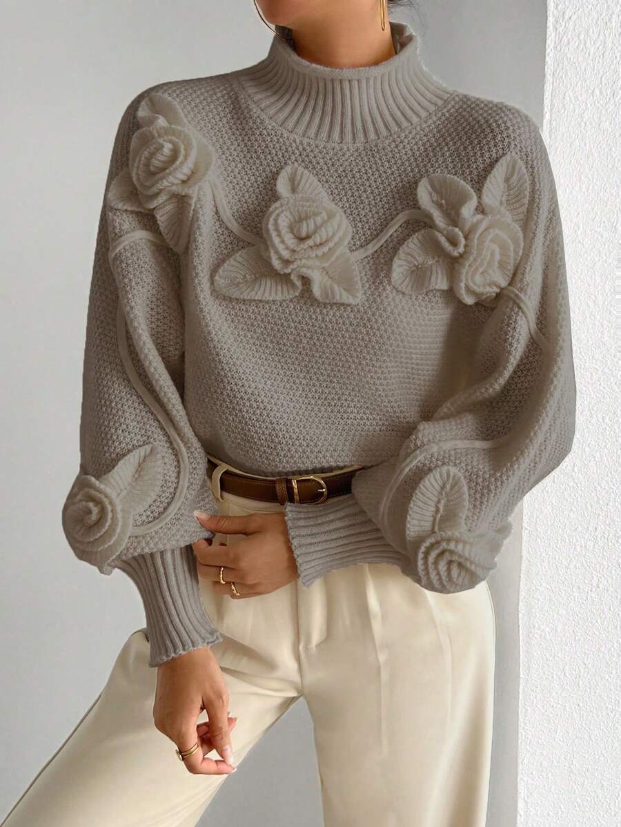 Chiquease Floral Print Solid Color Stand Collar Elegant Long Sleeve Sweater - Bronze - View 1