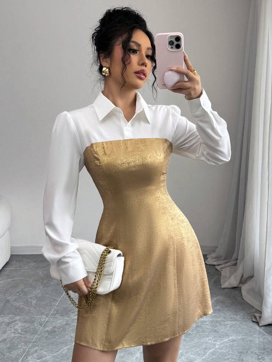 Elenzga Spring/Summer Fashion 2 In 1 Colorblock Shirt Dress, Suitable For Valentine's Day Fall Cloth For Women - Gold - View 1