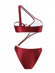 Swim SXY Sexy Vacation Slash Shoulder Metal Decor Hollow Out One Piece Swimsuit For Women Summer - Red - View 2