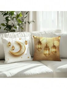 4件套斋月主题抱枕套，月亮、星星和吊灯装饰抱枕套，农舍风格家居装饰，适用于沙发、客厅、卧室、户外，不含枕芯 - 淡黃色 - 查看 3