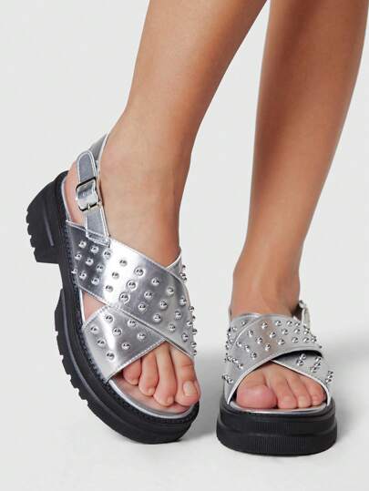 Grunge Punk Women's Silver Criss-Cross Strap Roman Sandals, Punk Riveted Platform Wedge Summer Beach Vacation Shoes