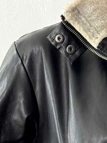 StreetHx Plush Patchwork Front Zip Pockets Faux Leather Pilot Jacket - Black - View 7