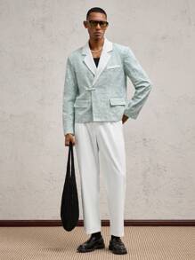 AKNOTIC Business Casual 2 件套浅绿色男士珍珠纽扣提花梭织翻领拼布修身休闲西装套装，适合休闲、度假、婚礼、毕业礼物 - 薄荷綠 - 查看 6