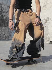 Manfinity EMRG Men's Casual Relaxed Fit Solid Color Patchwork Pocket Detail Denim Jeans - Multicolor - View 7