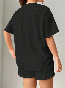 SHEIN EZwear 女士纯色短袖上衣和短裤休闲宽松套装 - 黑色 - 查看 2