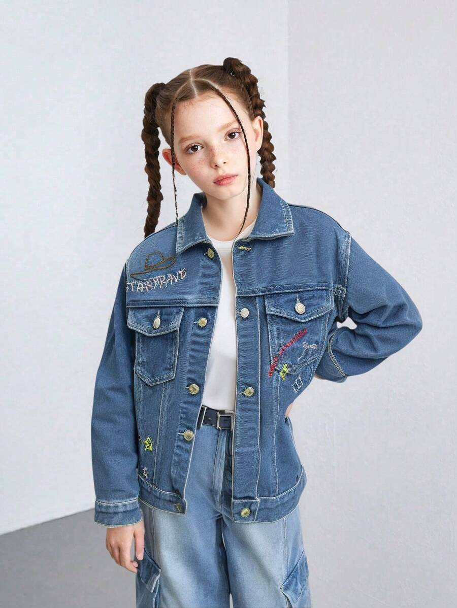 Tween Girl Y2K Style Washed Bold Rhinestone Embroidered Casual Denim Top, Versatile For Everyday Wear In Autumn/Winter - Medium Wash - View 1